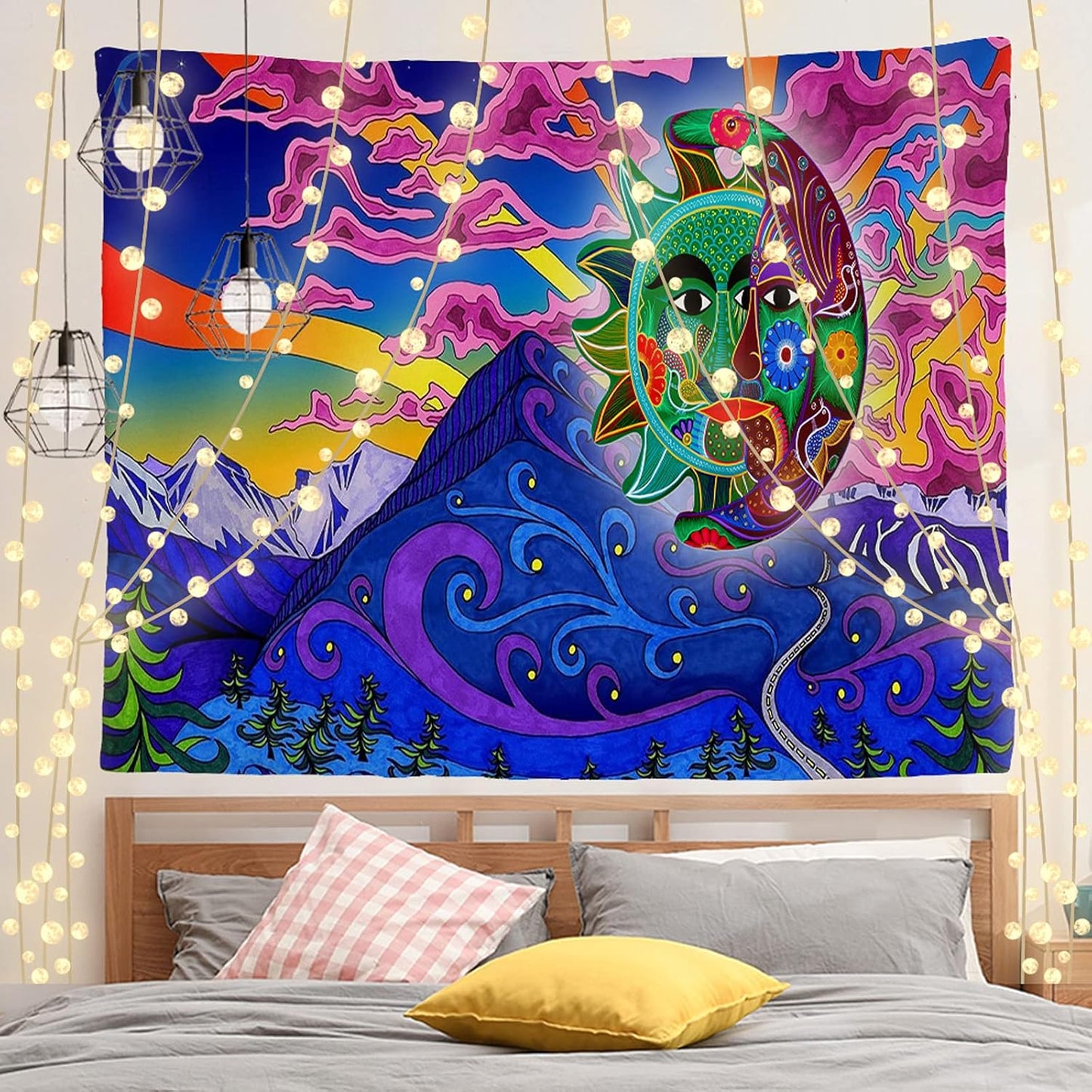 Purple Wall Hanging Tapestry Aesthetic for Bedroom Decor Indie Tapestry Sun and Moon Trippy Tapestry for Room Decor Mountain Cloud Sunrise Small Tapesty 59X51 Inch, 59 X 51 In