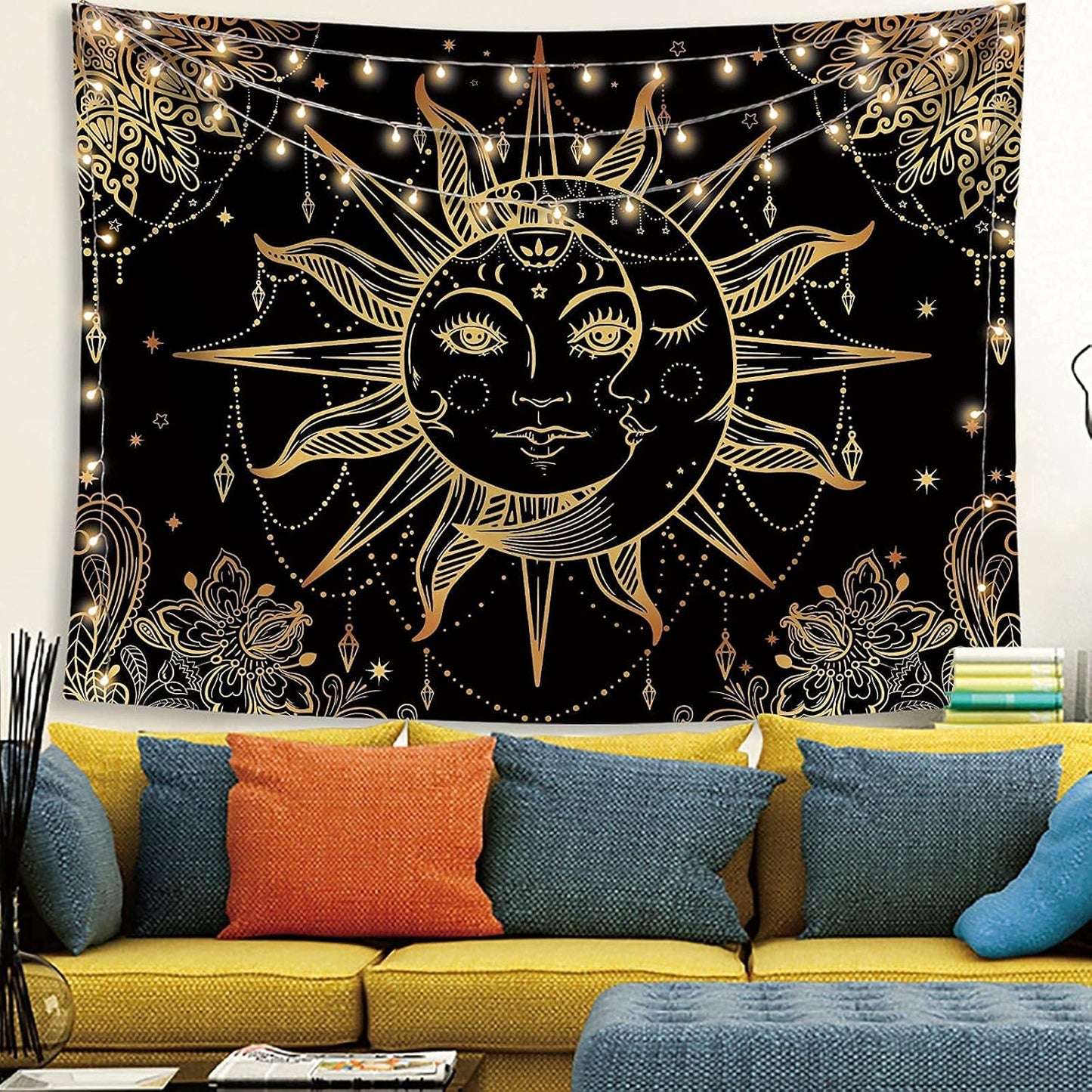 Hippie Sun and Moon Tapestry Bohemian Tapestry Aesthetic Cute Tapestries for Bedroom and Living Room Decor Sun 60×80 Inches