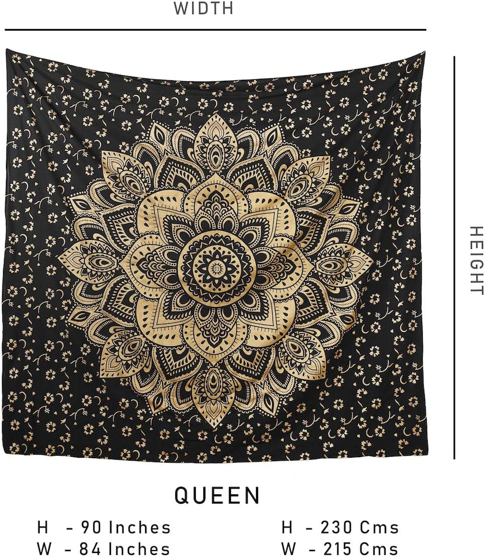 Mandala Tapestry Cotton | Indian Hippie Dorm Bohemian Psychedelic Peacock Mandala | Wall Hanging, Beach Throw, Bedsheet, Table Cover, Yoga Mat | Queen (Black-Gold, 84 X 90 Inch)