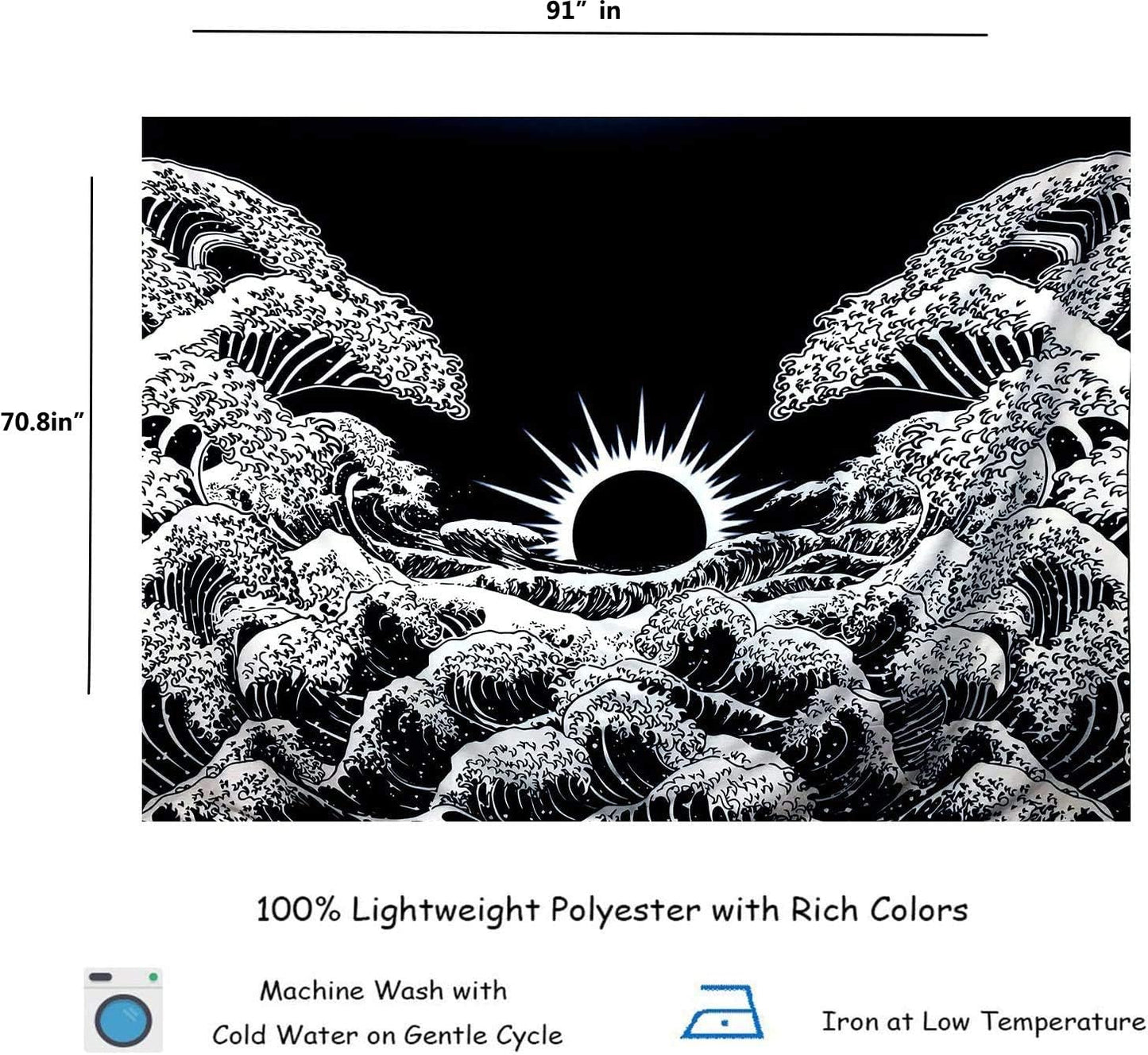 Ocean Wave Tapestry Black and White Tapestry Japanese Tapestry Wall Hanging Great Wave Tapestry for Bedroom(Black Wave, 70.8"X 91")