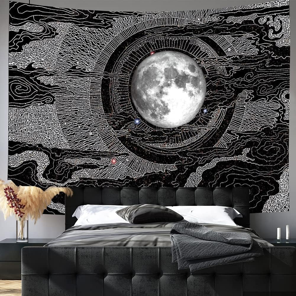 Moon Glow Tapestry Wall Hanging, Black Wall Tapestry for Bedroom Full Moon between the Clouds Black 80" * 60"