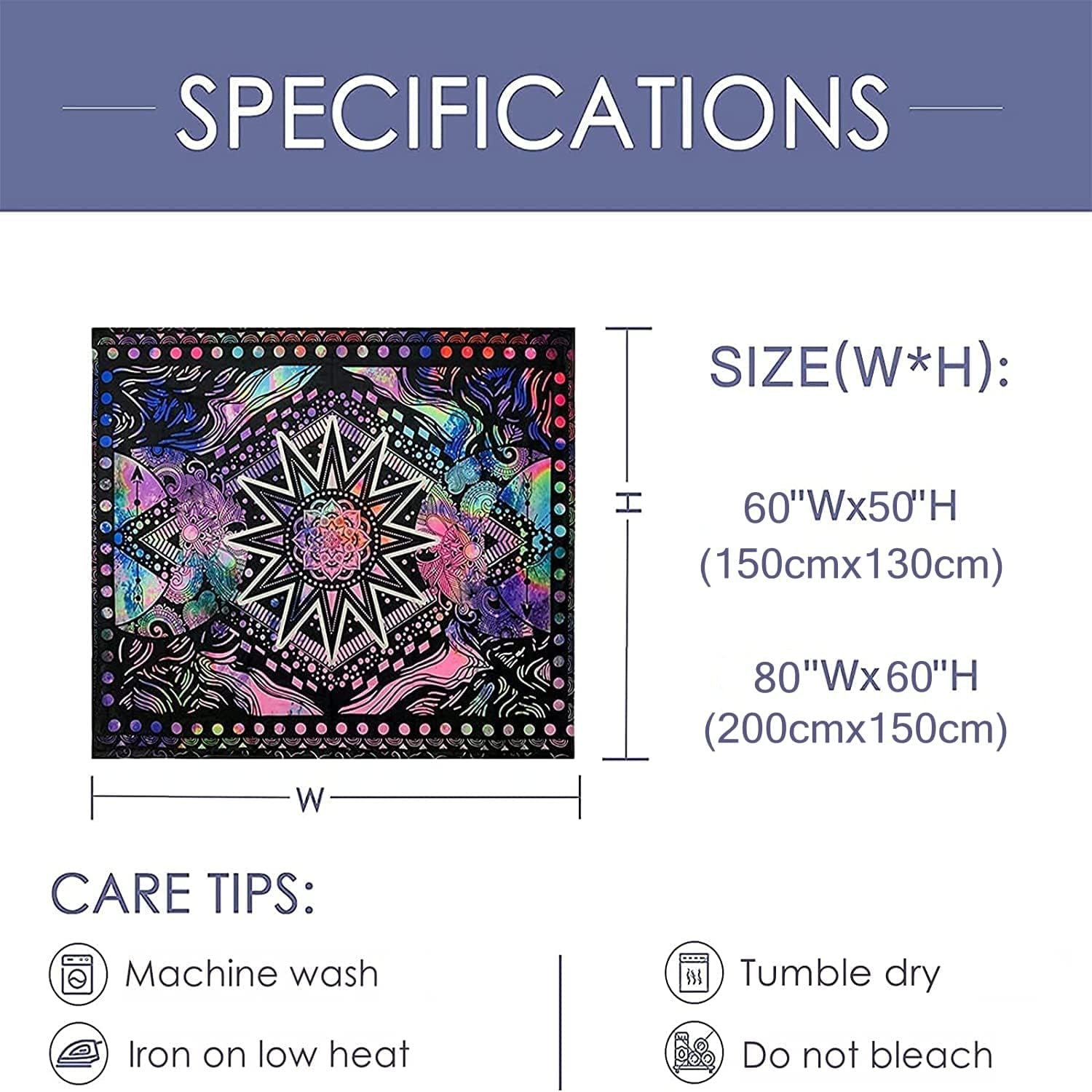 Hippie Mandala Tapestry Trippy Bohemian Tapestry Psychedelic Tapestry Wall Hanging Sun and Moon Tapestry Wall Decor Purple Blacklight Tapestry for Bedroom (50"X60")