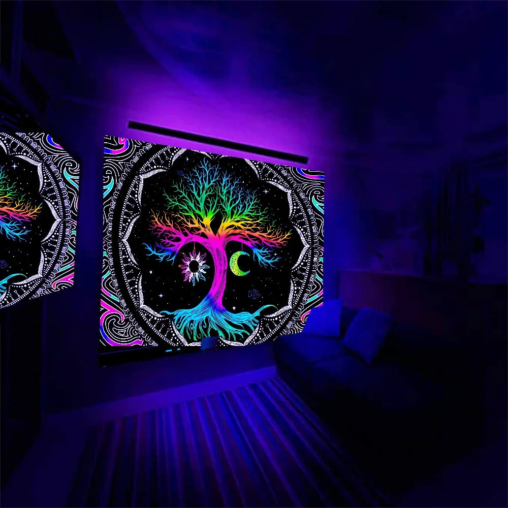 Tree of Life Tapestry Hippie Wall Tapestry Mandala Black Light Tapestries for Livingroom Bedroom,59"X51"