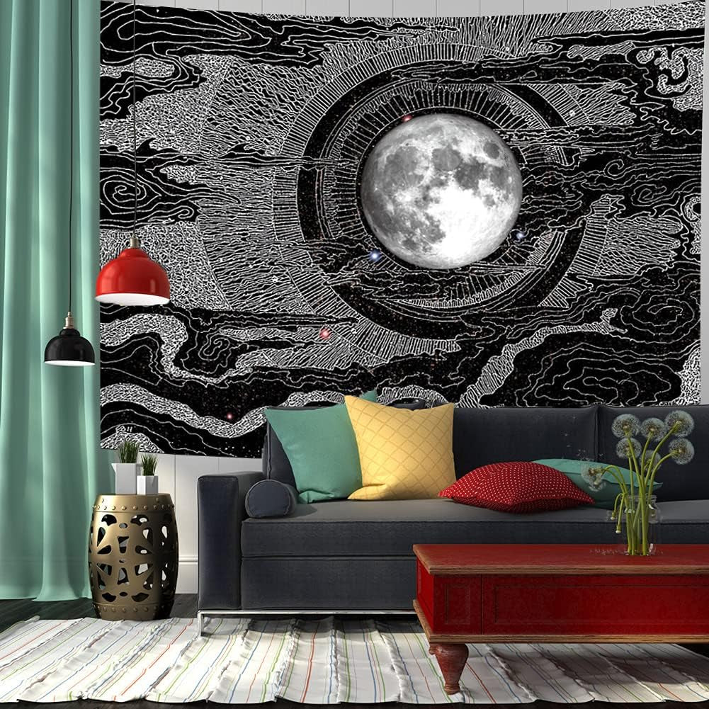 Moon Glow Tapestry Wall Hanging, Black Wall Tapestry for Bedroom Full Moon between the Clouds Black 80" * 60"
