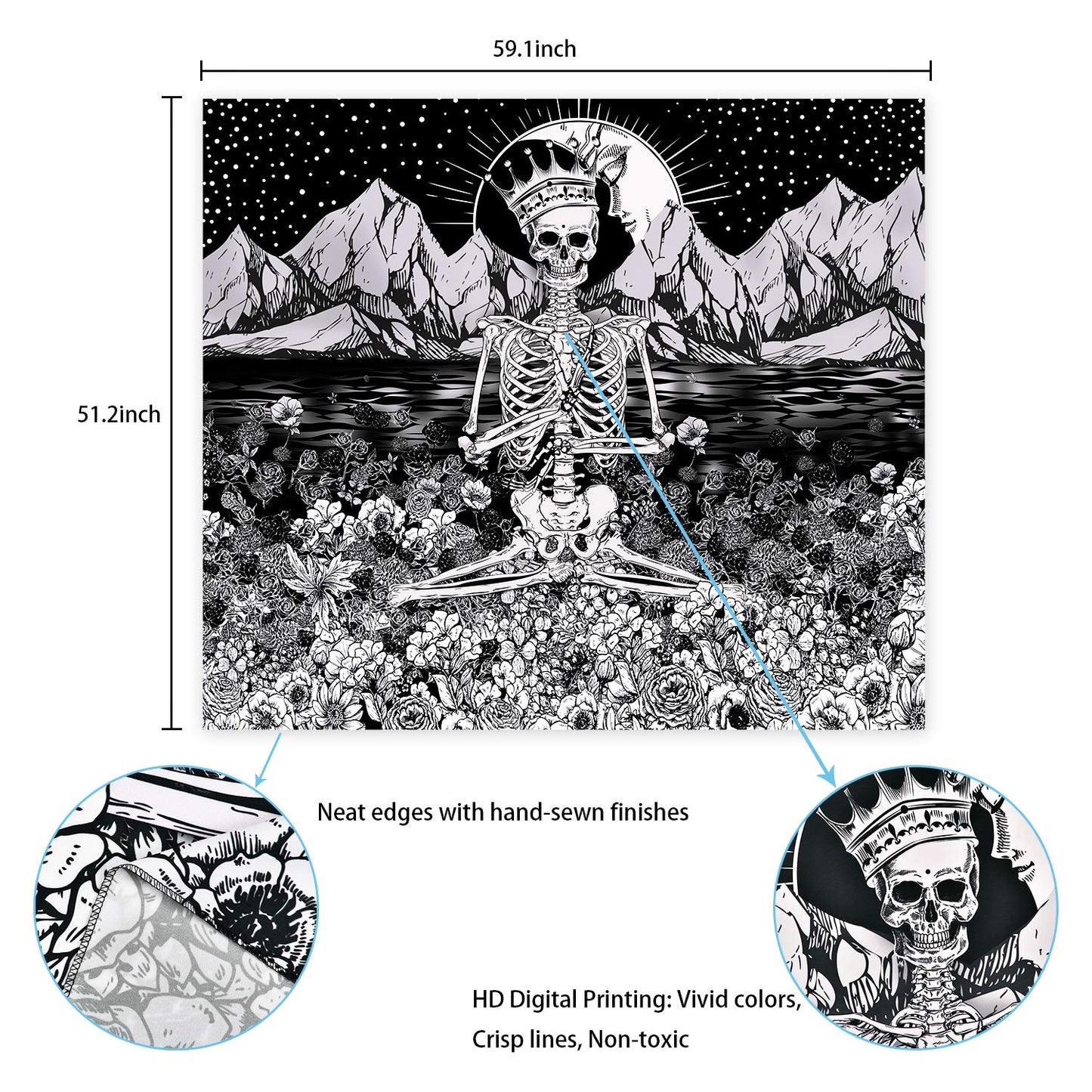 Lyacmy Skull Tapestry Meditation Skeleton Tapestry Flower Tapestry Mountain Tapestry Moon and Star Tapestry Starry Night Sky Tapestry Black and White Tarot Tapestry for Room (51.2 X 59.1 Inches)