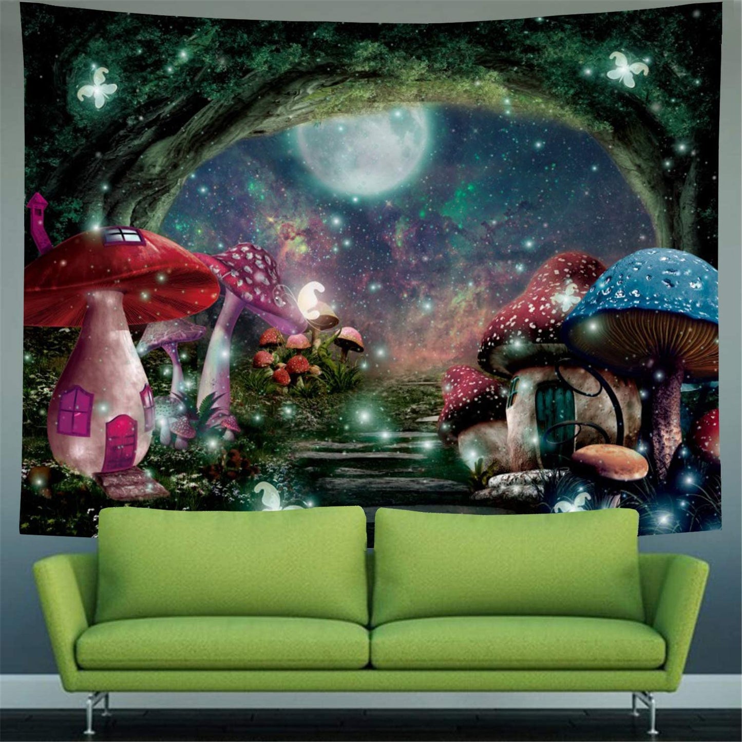 Psychedelic Mushroom Castle Tapestry Galaxy Moon Stars Tapestry Mysterious Forest Tree Tapestry Fantasy Fairy Tale Tapestry Wall Hanging for Bedroom
