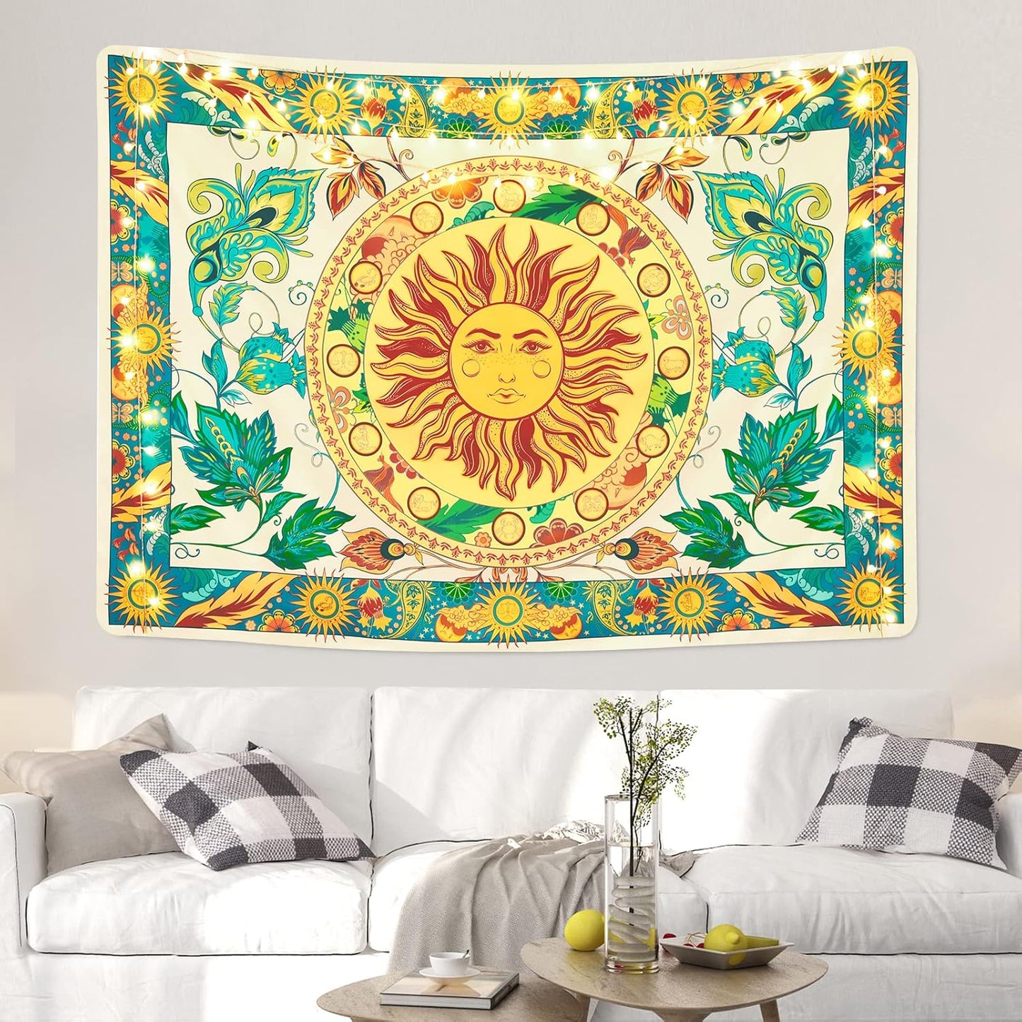 Lyacmy Burning Sun Tapestry Flower Vines Tapestries Vintage Floral Tapestry Mystic Tapestry Hippie Tapestry Wall Hanging for Room (Green, 51.2 X 59.1 Inches)