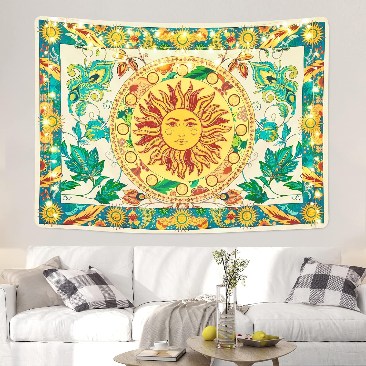 Lyacmy Burning Sun Tapestry Flower Vines Tapestries Vintage Floral Tapestry Mystic Tapestry Hippie Tapestry Wall Hanging for Room (Green, 51.2 X 59.1 Inches)