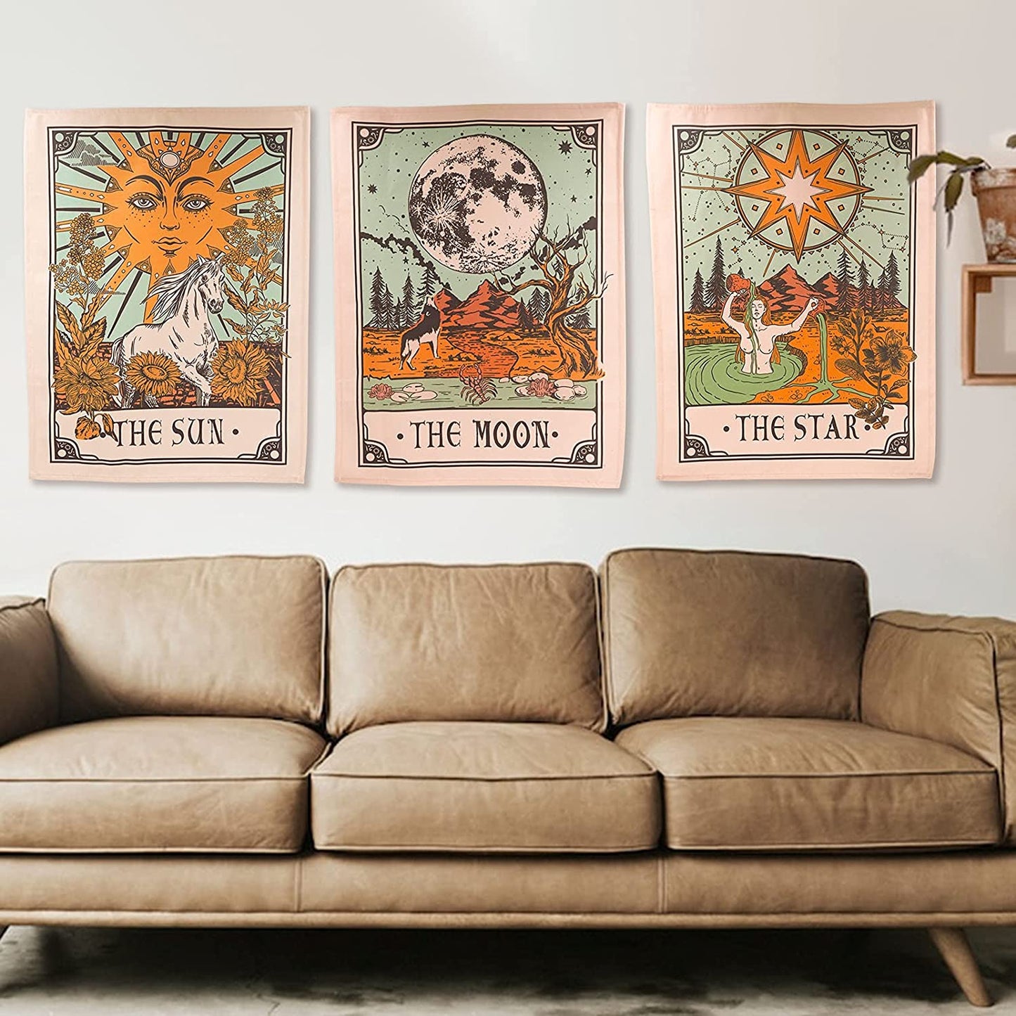 3 Pack Sun Moon and Star Tarot Card Tapestry, Brown and Beige Wall Hanging, Vertical Vintage Aesthetic for Room (Brown, 15'' 20'')