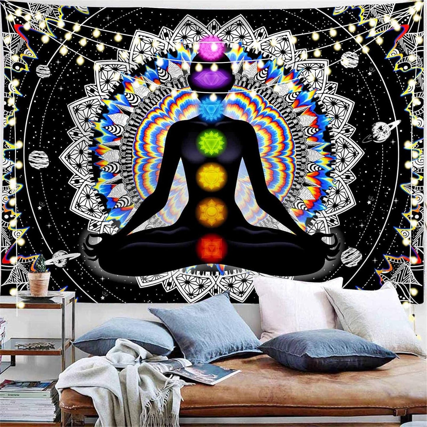 Seven Chakra Tapestry Mandala Tapestry Trippy Black and White Tapestry Celestial Space Tapestry Boho Yoga Meditation Wall Hanging Tapestry for Bedroom Home Decor (H59.1 X W82.7)