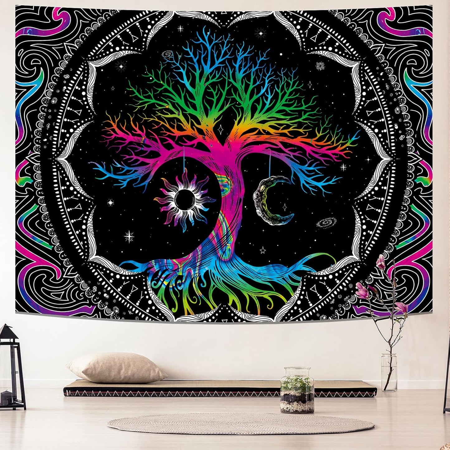 Tree of Life Tapestry Trippy Mandala Wall Tapestry Hippie Moon and Sun Tapestry Black Galaxy Stars Space Tapestry Colorful Boho Aesthetic Tapestry for Bedroom Living Room (M-W59.1" × H51.2)