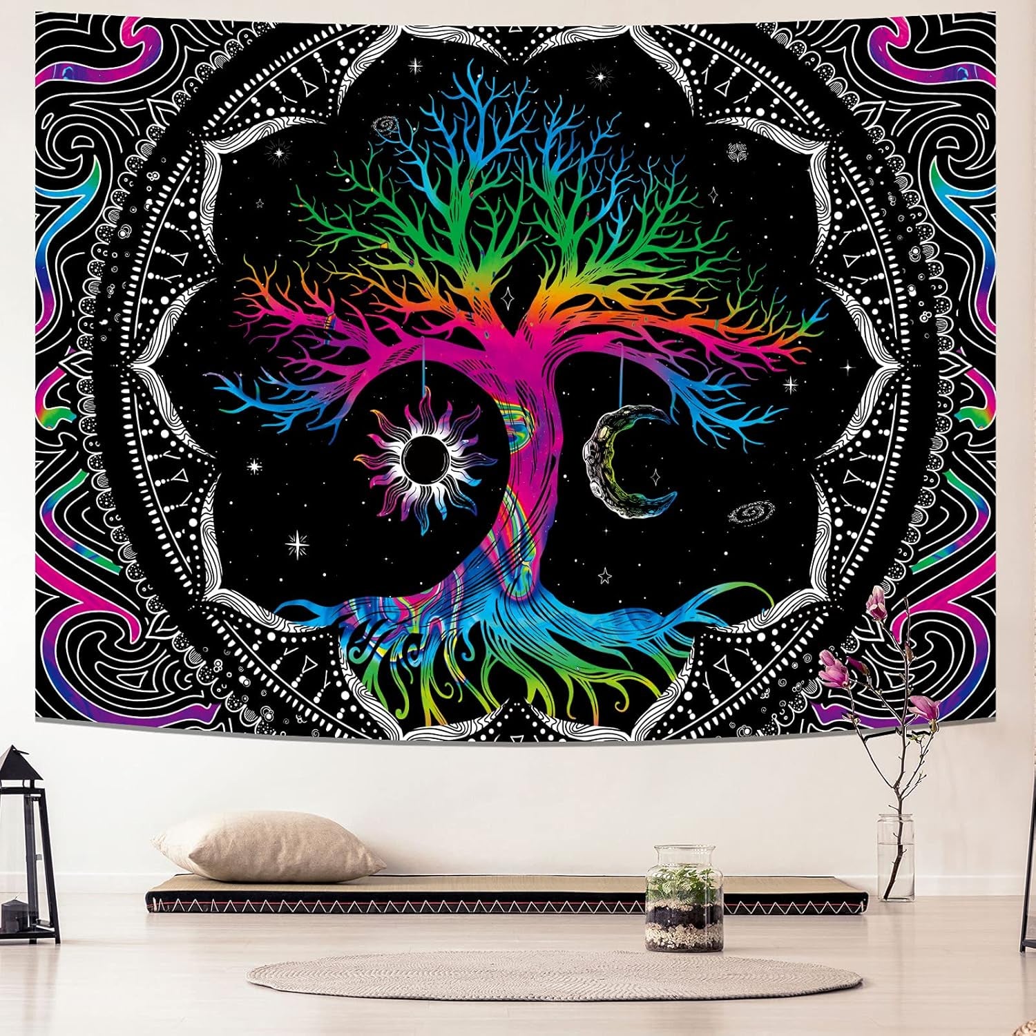 Tree of Life Tapestry Trippy Mandala Wall Tapestry Hippie Moon and Sun Tapestry Black Galaxy Stars Space Tapestry Colorful Boho Aesthetic Tapestry for Bedroom Living Room (M-W59.1" × H51.2)