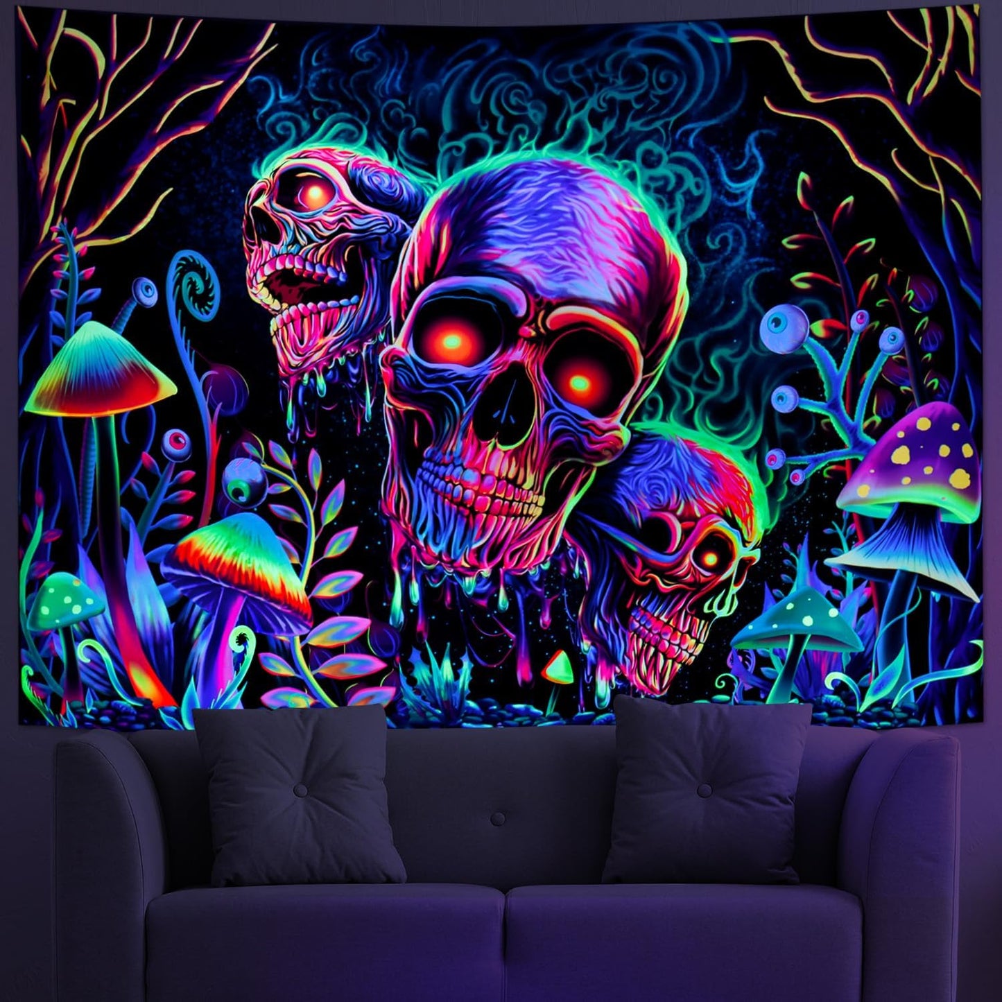 Blacklight Skull Tapestry Trippy Skeleton Wall Tapestry UV Reactive Neon Plants