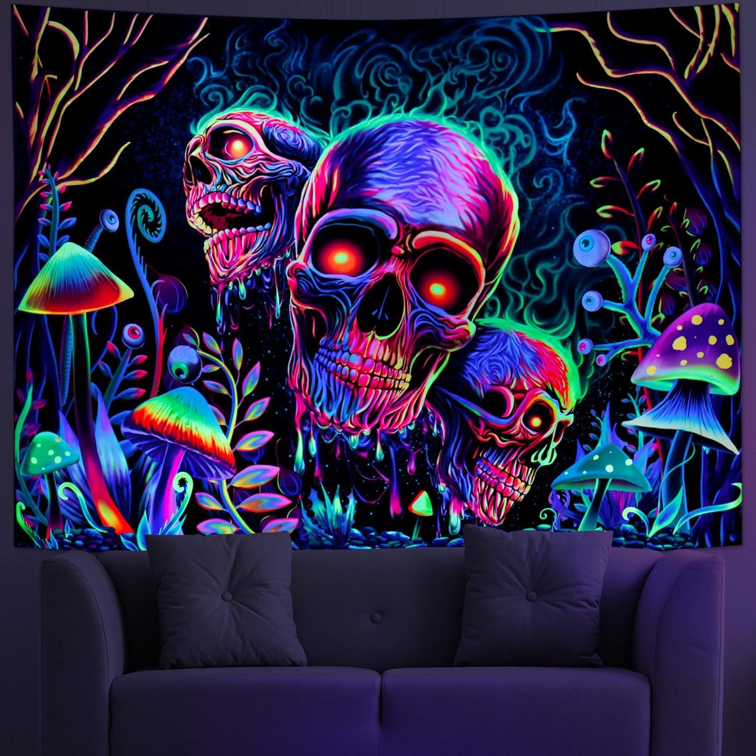 Blacklight Skull Tapestry Trippy Skeleton Wall Tapestry UV Reactive Neon Plants