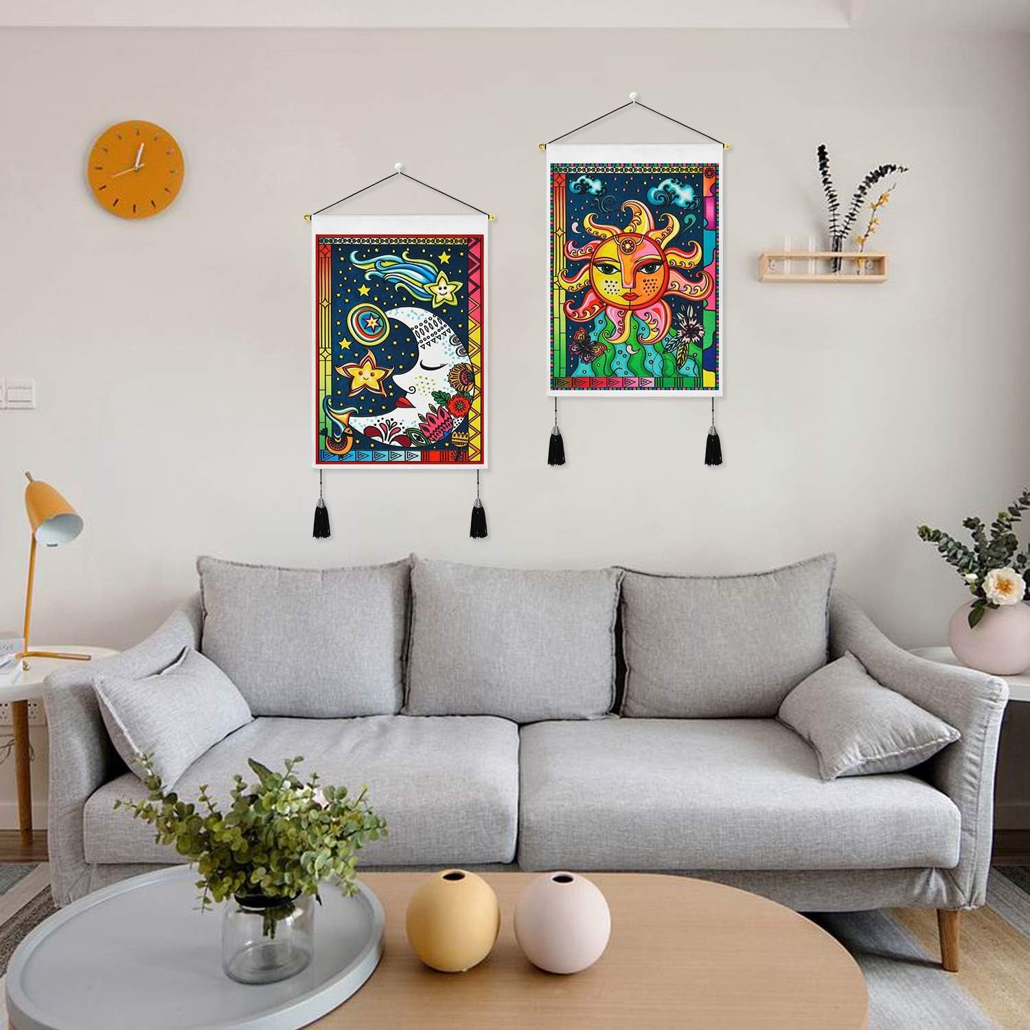 Pack of 2 Tapestry Sun and Moon Tapestry Burning Sun Tapestries Stars and Moon Tapestry Floral Tapestry Wall Hanging for Room (13.8 X 19.7 Inches)