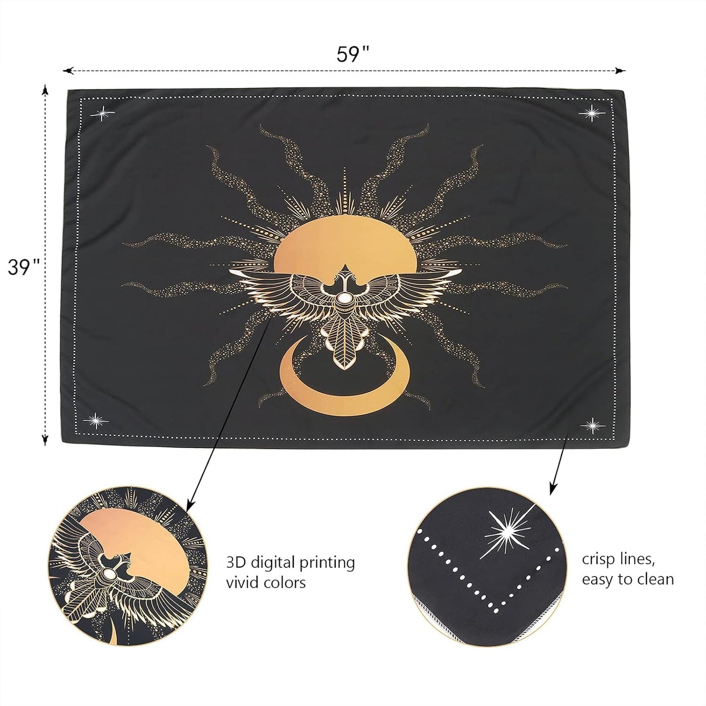 Black Tapestry for Bedroom Aesthetic Sun and Moon Gold Eagle Bird Fly to the Sun Tapestry for Wall Hanging Sacred Spirituality Esoteric Collection for Home Dorm Living Room