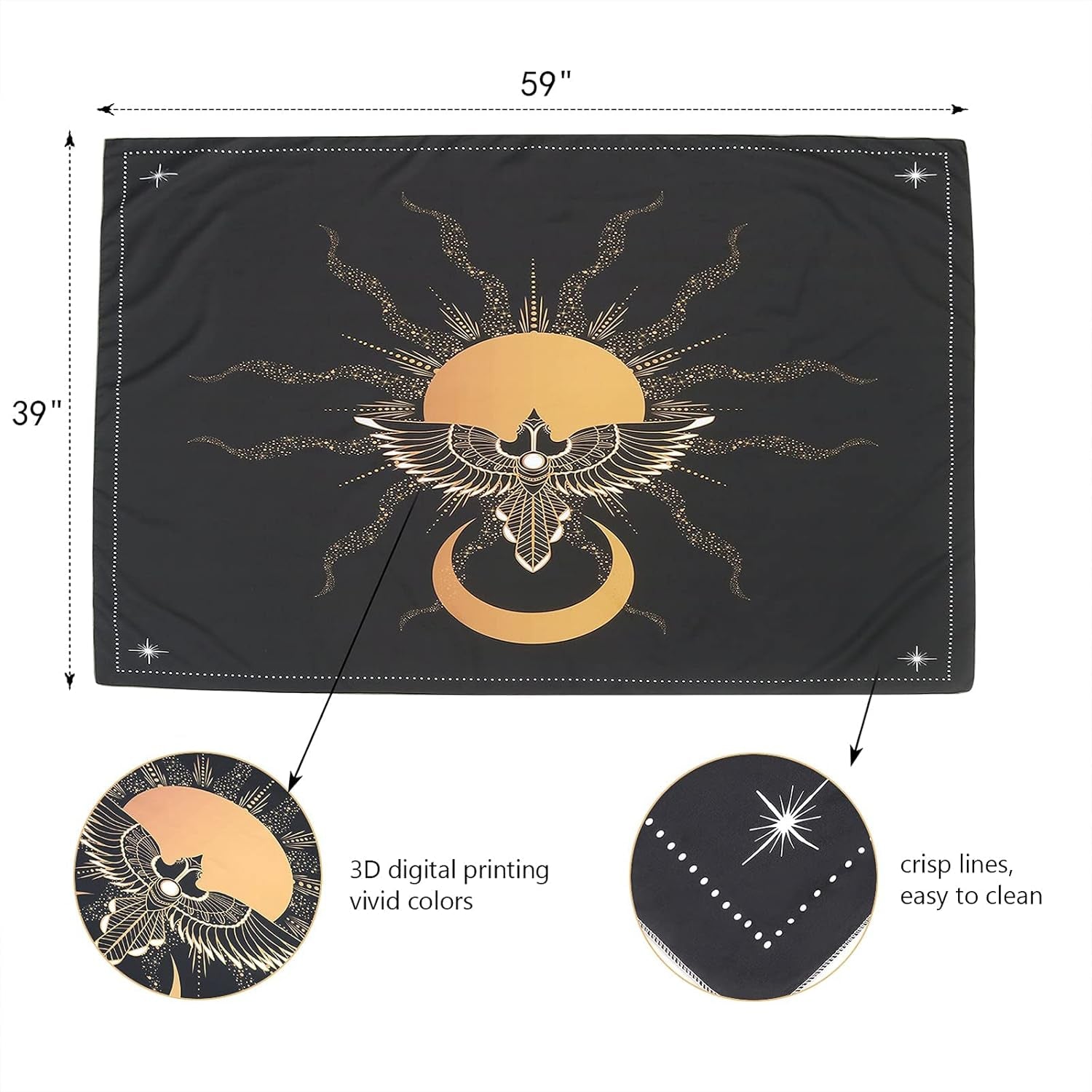 Black Tapestry for Bedroom Aesthetic Sun and Moon Gold Eagle Bird Fly to the Sun Tapestry for Wall Hanging Sacred Spirituality Esoteric Collection for Home Dorm Living Room
