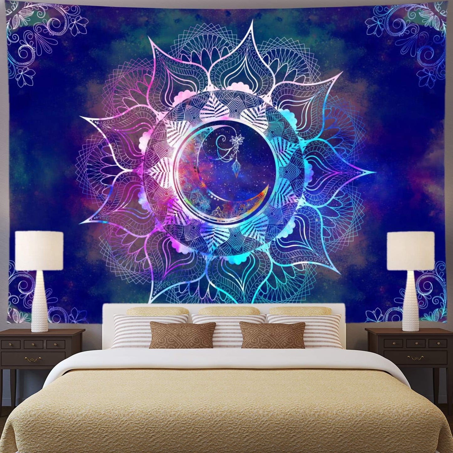 Mandala Tapestry Blue Starry Sky and Moon Tapestry Indian Tapestry Bohemian Tapestry Mandala Floral Tapestry Wall Hanging for Bedroom Dorm Decor