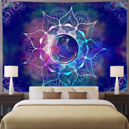 Mandala Tapestry Blue Starry Sky and Moon Tapestry Indian Tapestry Bohemian Tapestry Mandala Floral Tapestry Wall Hanging for Bedroom Dorm Decor