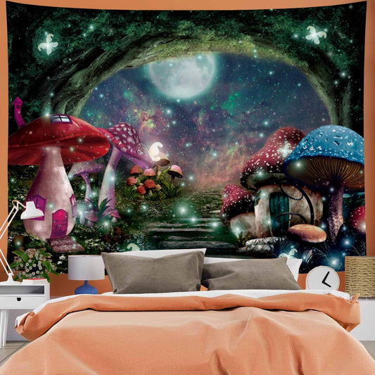 Psychedelic Mushroom Castle Tapestry Galaxy Moon Stars Tapestry Mysterious Forest Tree Tapestry Fantasy Fairy Tale Tapestry Wall Hanging for Bedroom