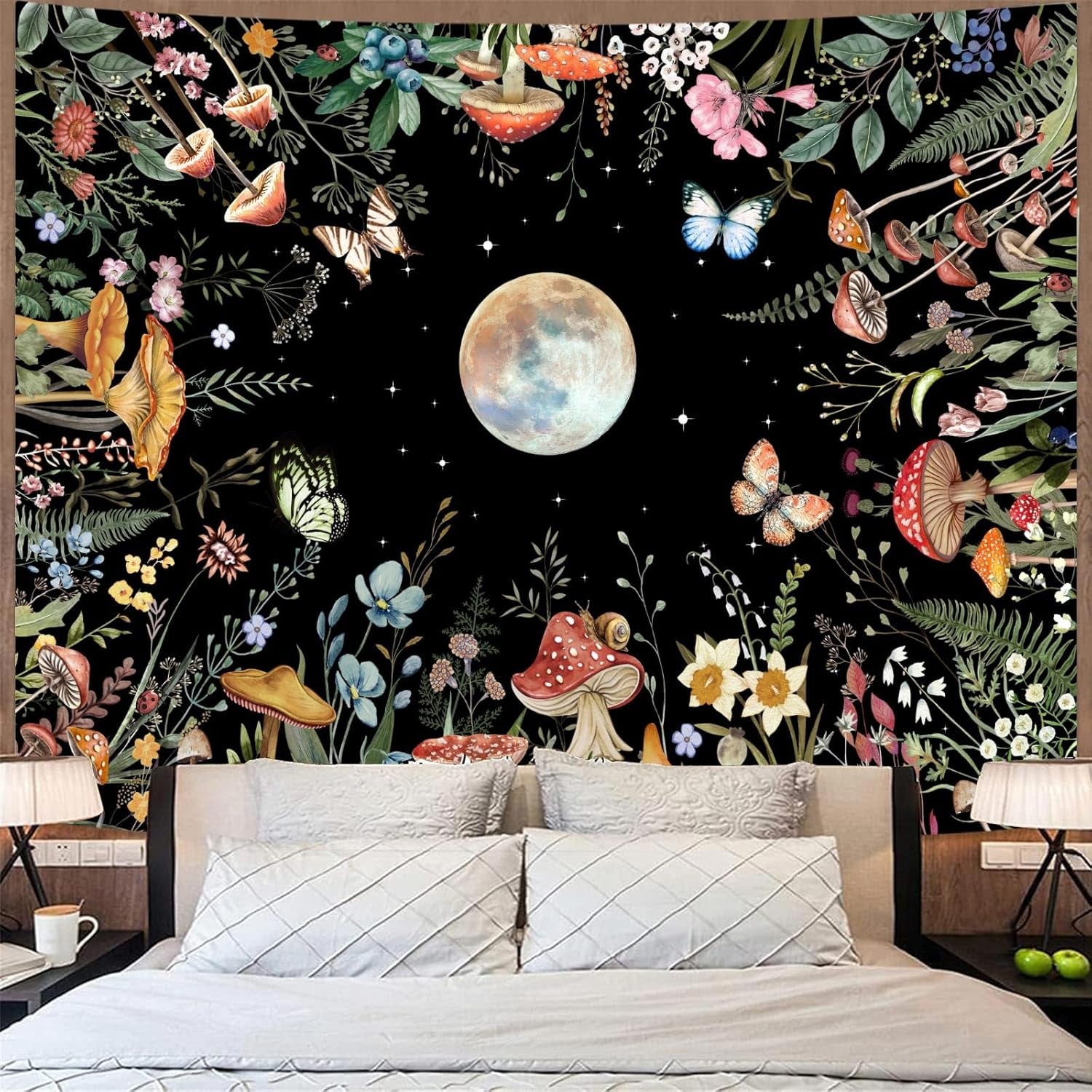 Moon Garden Tapestry Moonlit Green Plant Botanical Mushroom Flowers Tapestry Wall Hanging Black Nature Floral Butterfly Aesthetic Tapestries for Bedroom Dorm Living Room (48'' × 36'')