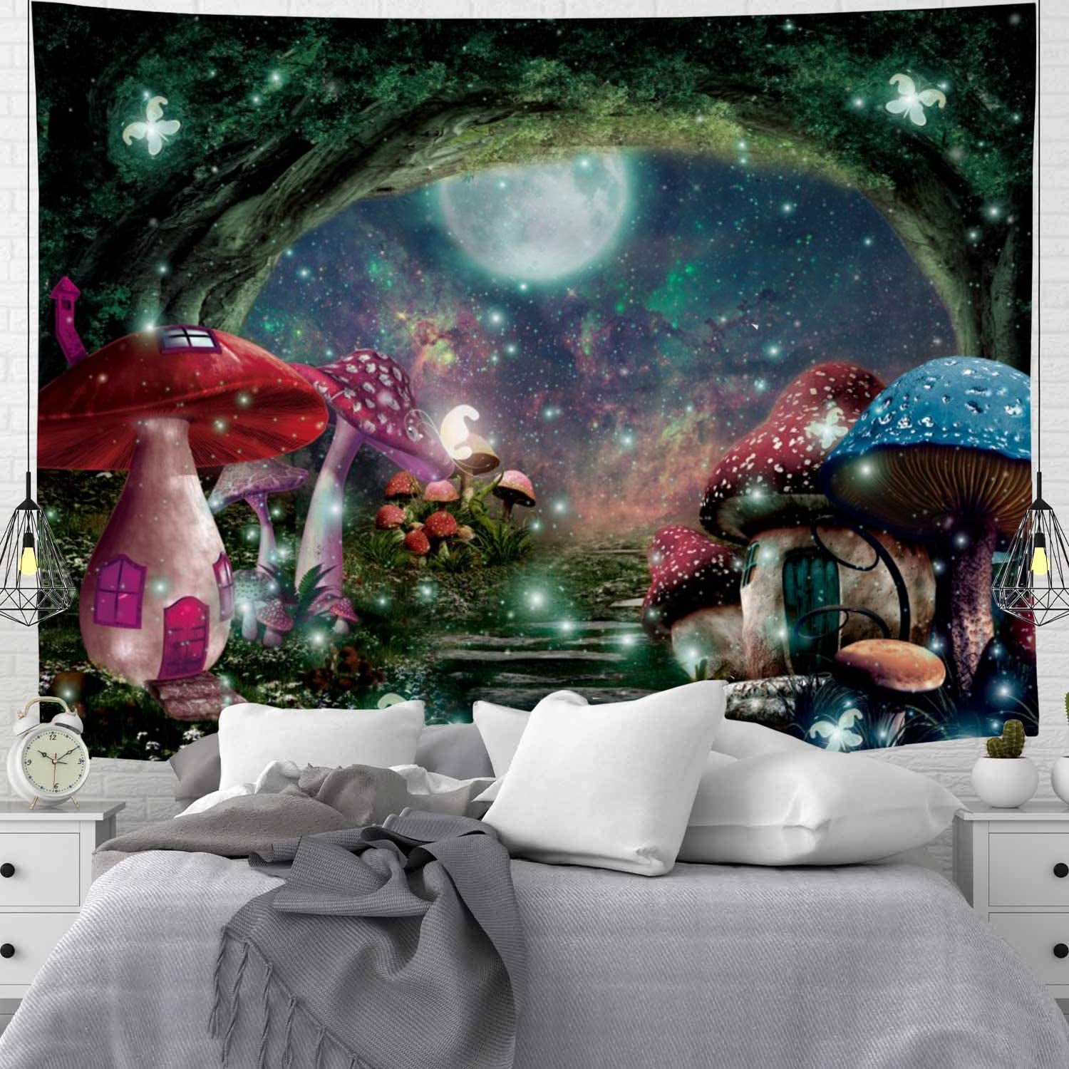 Psychedelic Mushroom Castle Tapestry Galaxy Moon Stars Tapestry Mysterious Forest Tree Tapestry Fantasy Fairy Tale Tapestry Wall Hanging for Bedroom