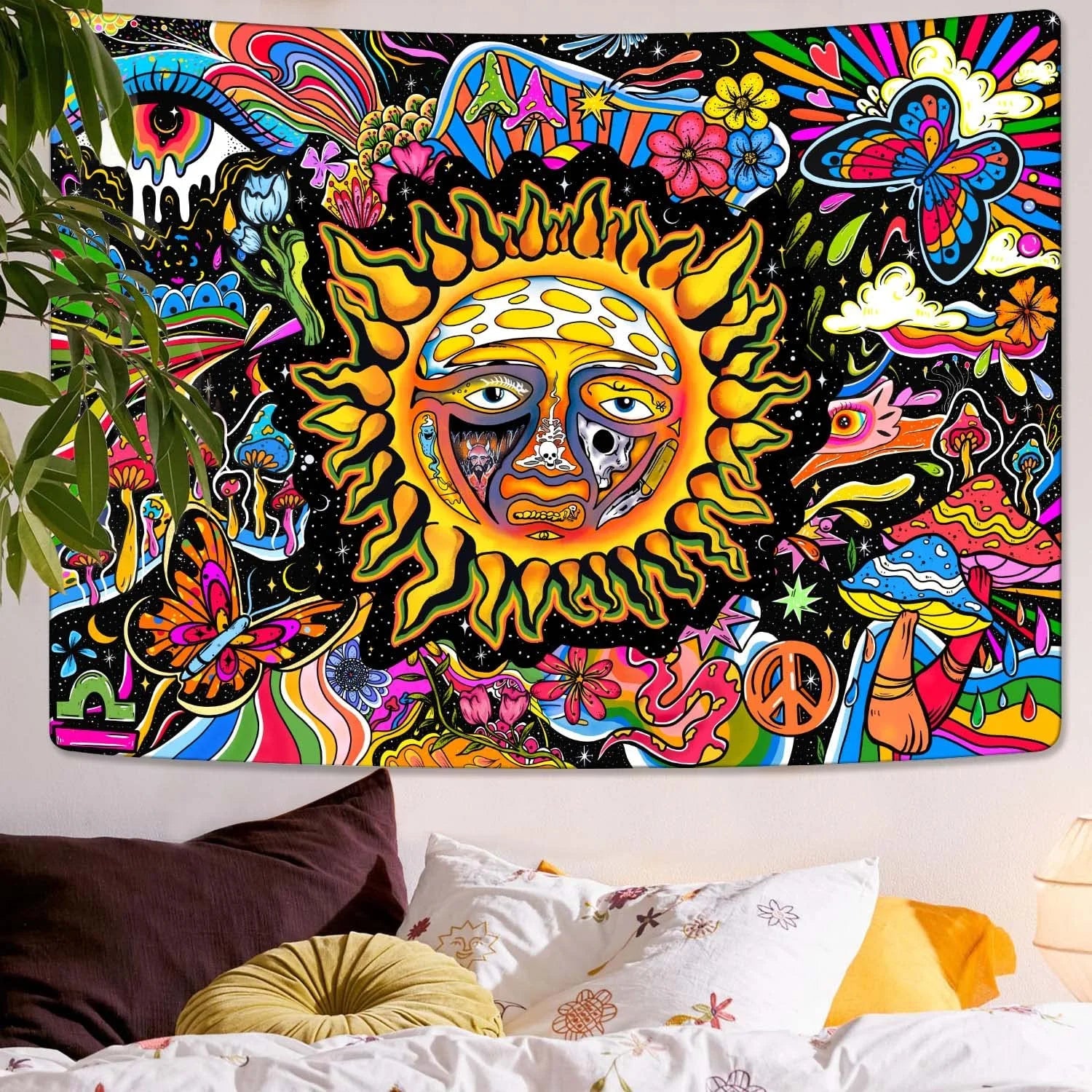 Trippy Tapestry Sun Tapestry Hippie Mushroom Tapestry Colorful Wall Tapestry for Bedroom Aesthetic Cute Tapestries Wall Hanging for Bedroom,35"X29"