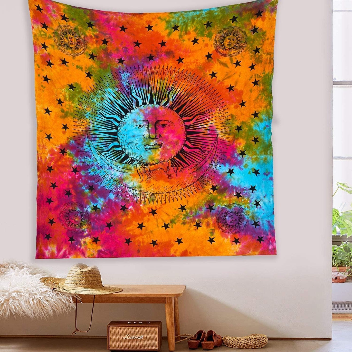 Tie Dye Mandala Tapestry, Celestial Sun Moon Star Planet Bohemian Tapestry Tarot, Wall Hanging Boho Tapestry for Room, Hippie Beach Coverlet Curtain (Rainbow, 54"X60")