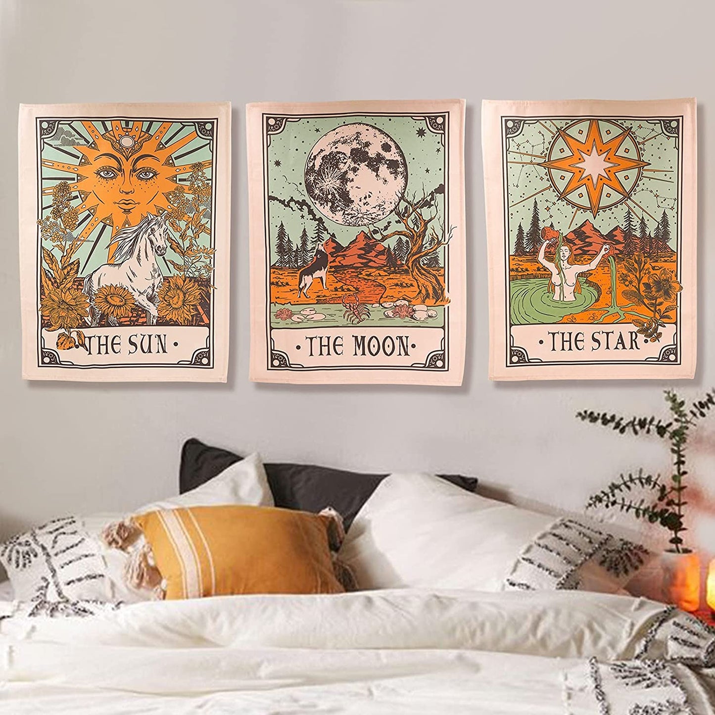 3 Pack Sun Moon and Star Tarot Card Tapestry, Brown and Beige Wall Hanging, Vertical Vintage Aesthetic for Room (Brown, 15'' 20'')