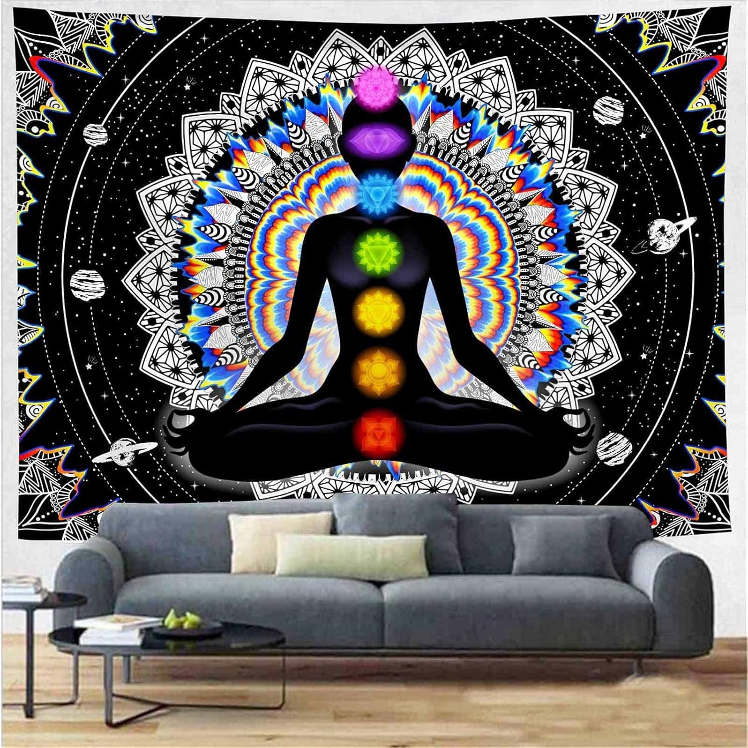 Seven Chakra Tapestry Mandala Tapestry Trippy Black and White Tapestry Celestial Space Tapestry Boho Yoga Meditation Wall Hanging Tapestry for Bedroom Home Decor (H59.1 X W82.7)