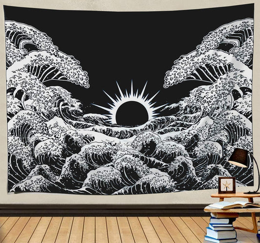 Ocean Wave Tapestry Black and White Tapestry Japanese Tapestry Wall Hanging Great Wave Tapestry for Bedroom(Black Wave, 70.8"X 91")