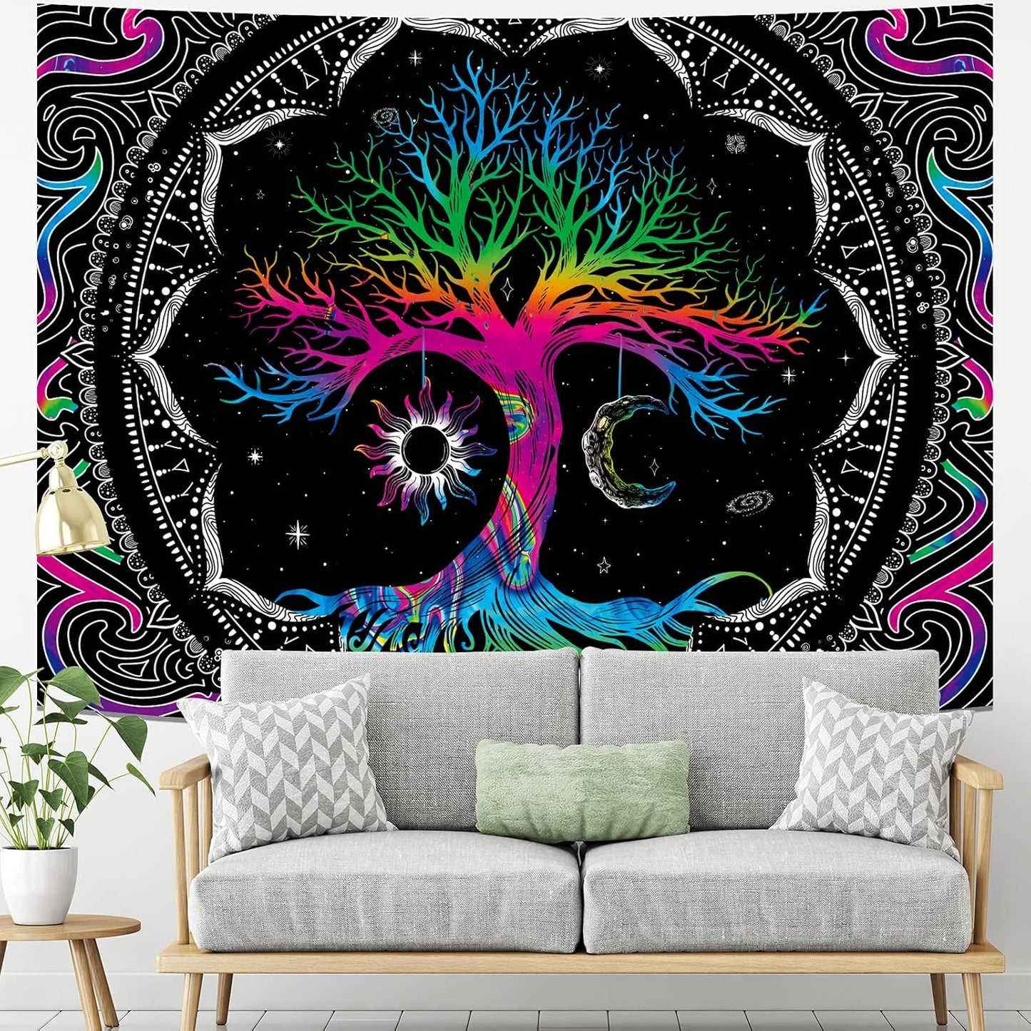 Tree of Life Tapestry Trippy Mandala Wall Tapestry Hippie Moon and Sun Tapestry Black Galaxy Stars Space Tapestry Colorful Boho Aesthetic Tapestry for Bedroom Living Room (M-W59.1" × H51.2)