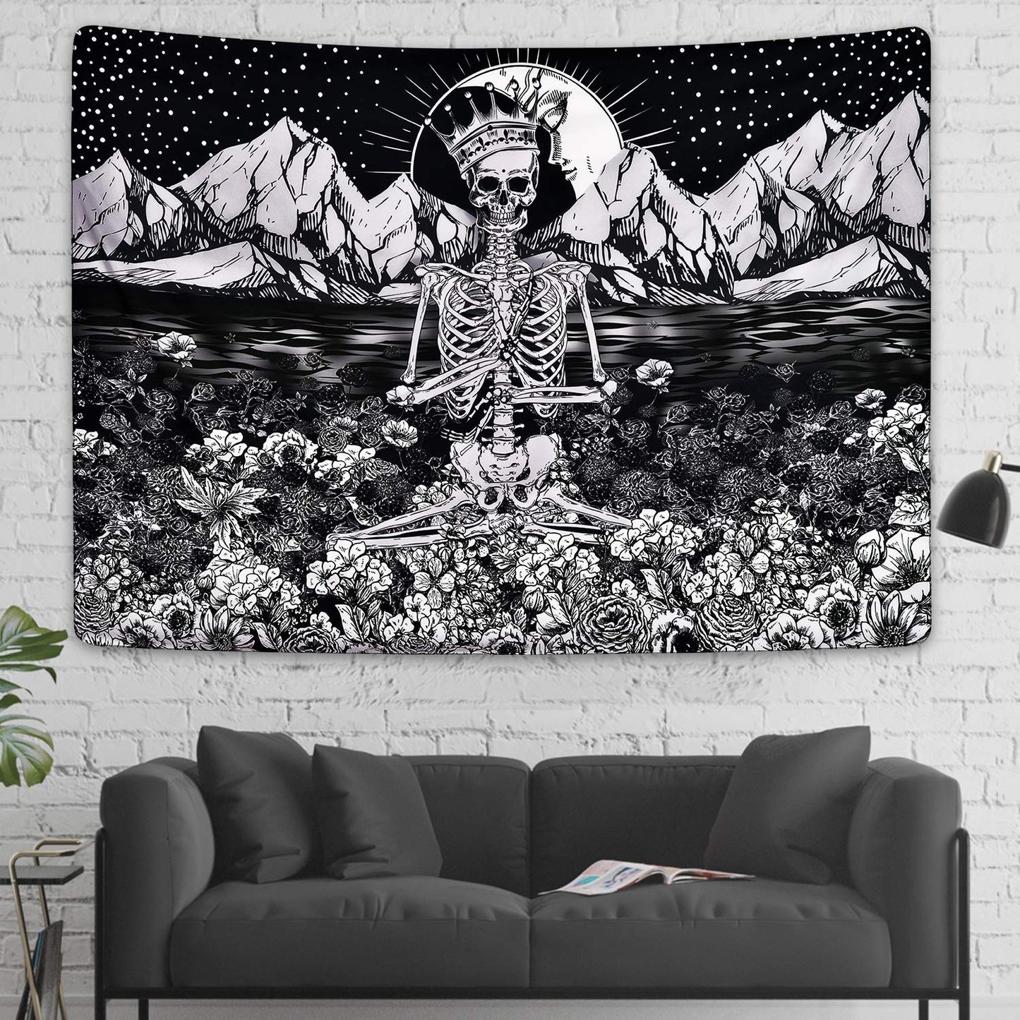 Lyacmy Skull Tapestry Meditation Skeleton Tapestry Flower Tapestry Mountain Tapestry Moon and Star Tapestry Starry Night Sky Tapestry Black and White Tarot Tapestry for Room (51.2 X 59.1 Inches)