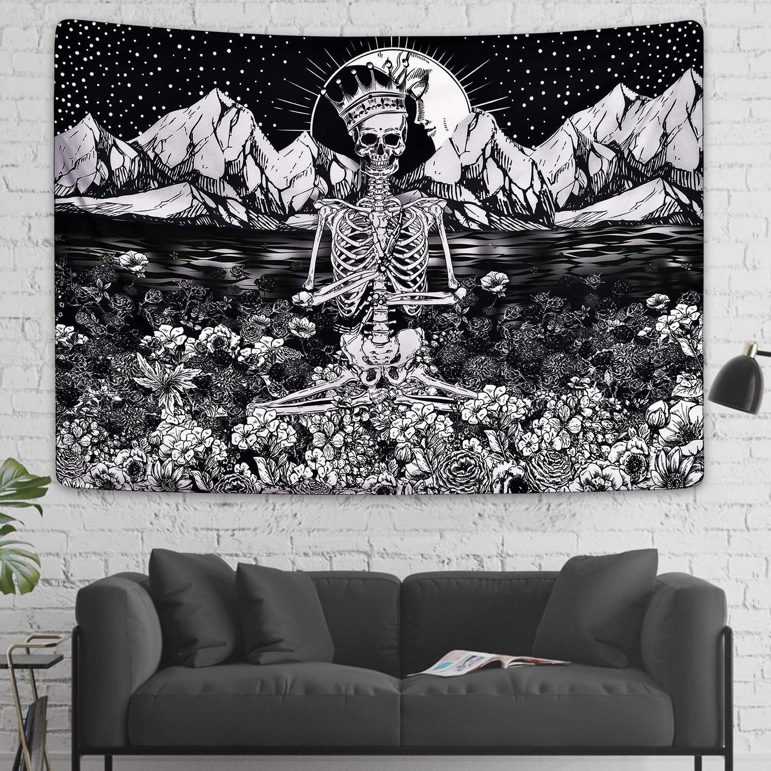 Lyacmy Skull Tapestry Meditation Skeleton Tapestry Flower Tapestry Mountain Tapestry Moon and Star Tapestry Starry Night Sky Tapestry Black and White Tarot Tapestry for Room (51.2 X 59.1 Inches)