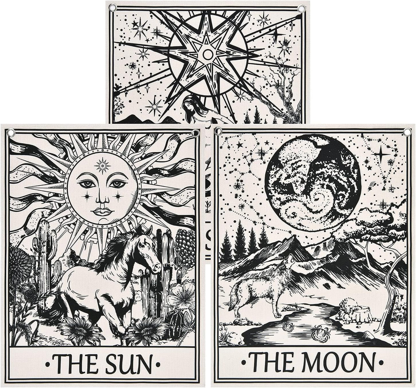 Pack of 3 Tarot Card Tapestry Tarot Flag Tapestry the Sun the Star the Moon Tarot Tapestry Vertical Medieval Tarot Tapestries Wall Hanging for Room with Seamless Nails(11.8 X 15.7 Inches)