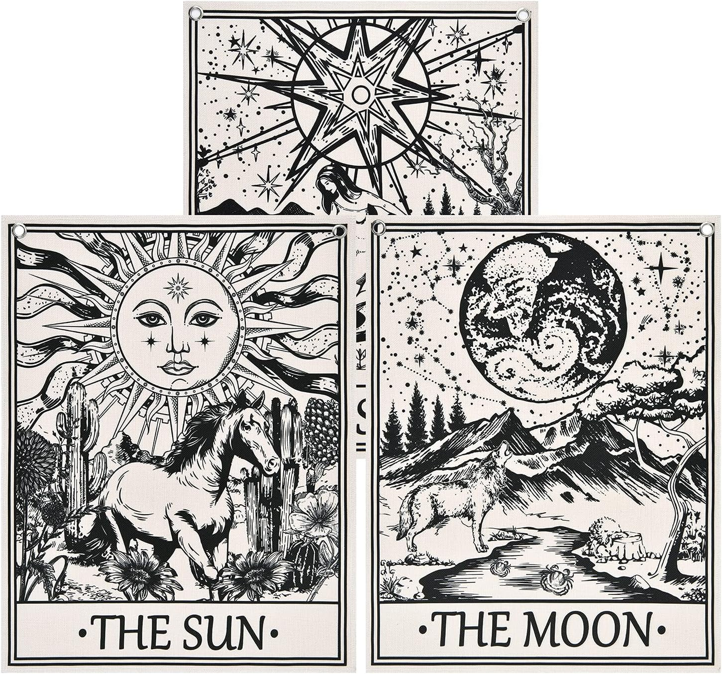 Pack of 3 Tarot Card Tapestry Tarot Flag Tapestry the Sun the Star the Moon Tarot Tapestry Vertical Medieval Tarot Tapestries Wall Hanging for Room with Seamless Nails(11.8 X 15.7 Inches)