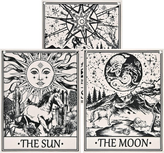 Pack of 3 Tarot Card Tapestry Tarot Flag Tapestry the Sun the Star the Moon Tarot Tapestry Vertical Medieval Tarot Tapestries Wall Hanging for Room with Seamless Nails(11.8 X 15.7 Inches)