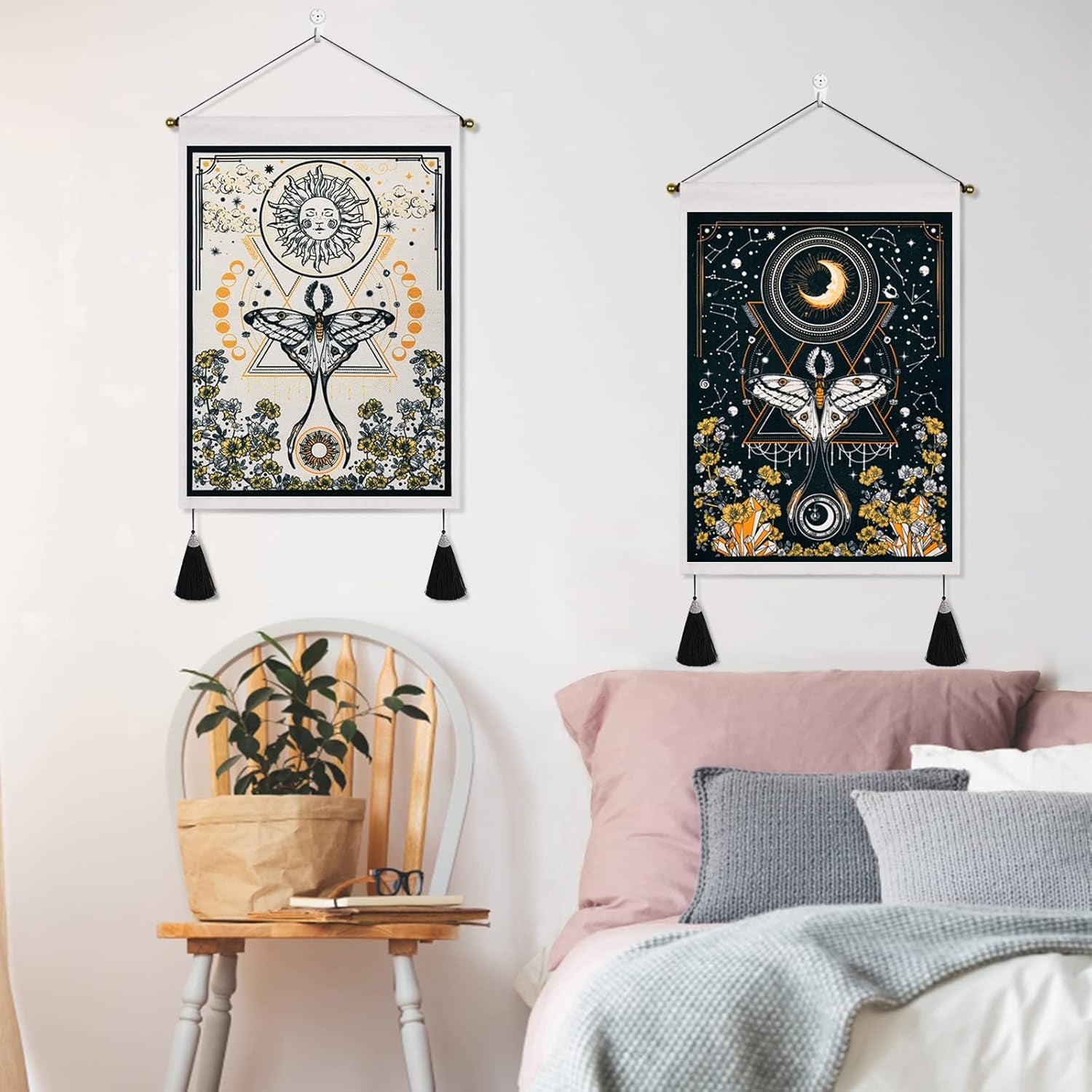 Lyacmy Pack of 2 Sun and Moon Tapestries - Yellow and Orange Tapestry Flower Vine Wall Hanging for Room (13.8 X 19.7 Inches)