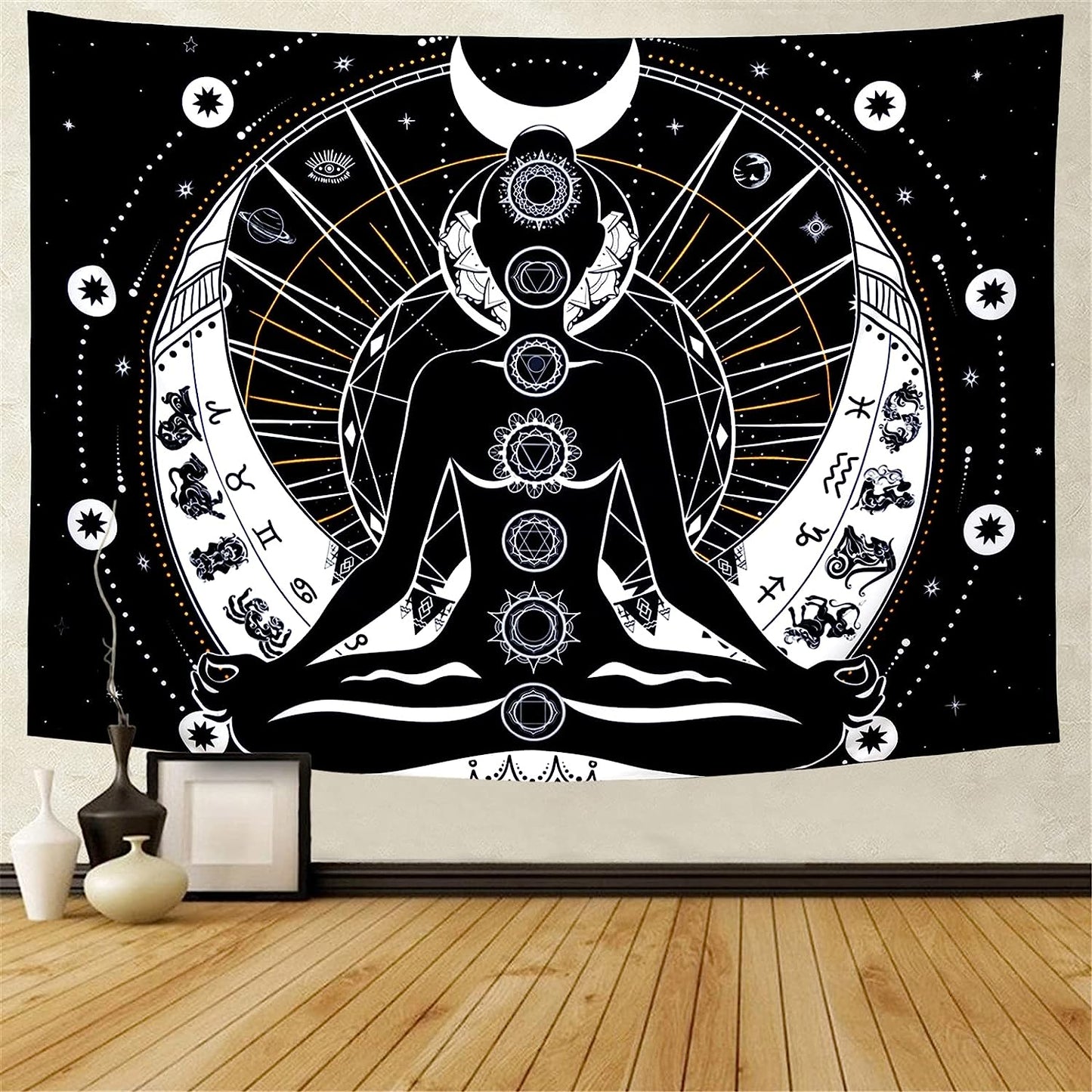 Chakra Tapestry Black and White Sun Moon Tapestry Psychedelic Meditation Yoga Tapestry Mystic Constellation and Stars Tapestry Wall Hanging for Living Room