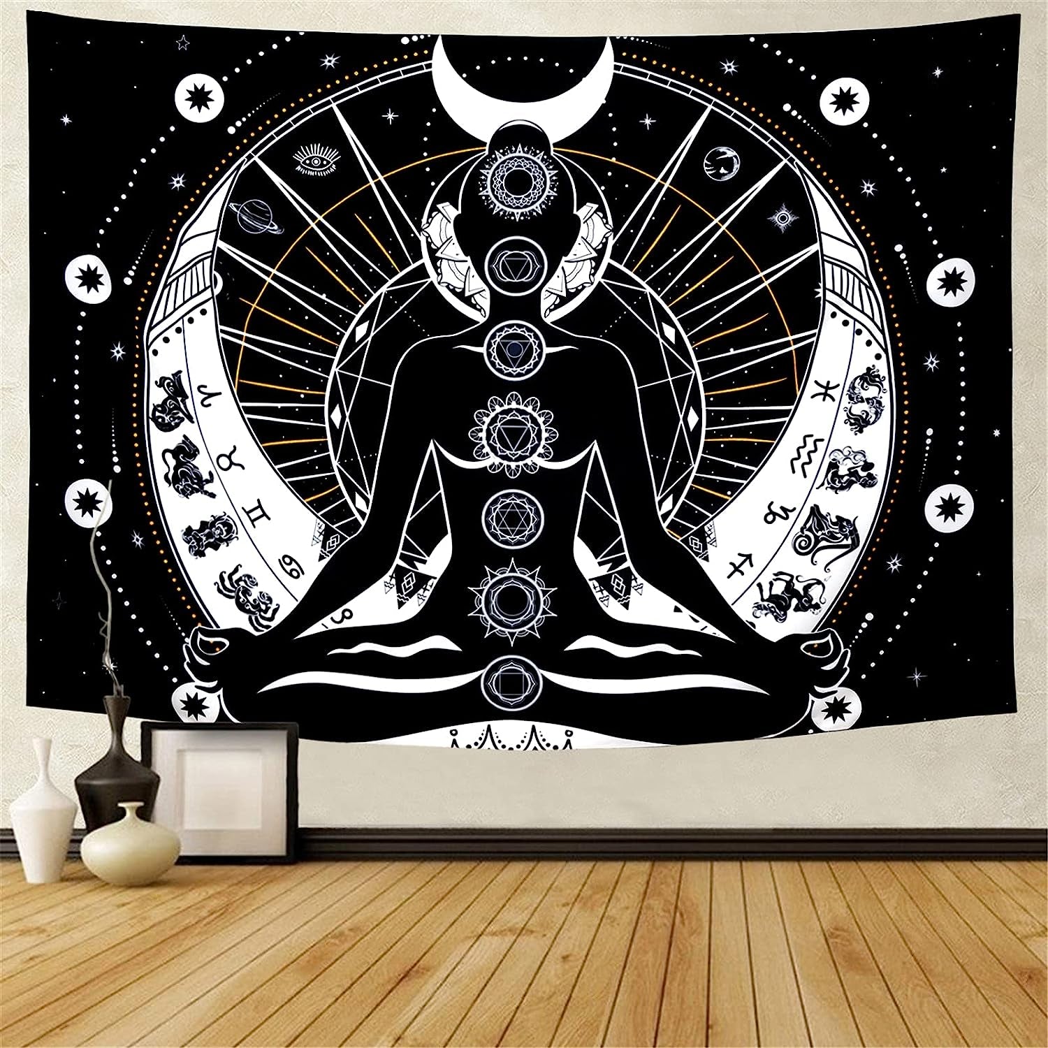 Chakra Tapestry Black and White Sun Moon Tapestry Psychedelic Meditation Yoga Tapestry Mystic Constellation and Stars Tapestry Wall Hanging for Living Room