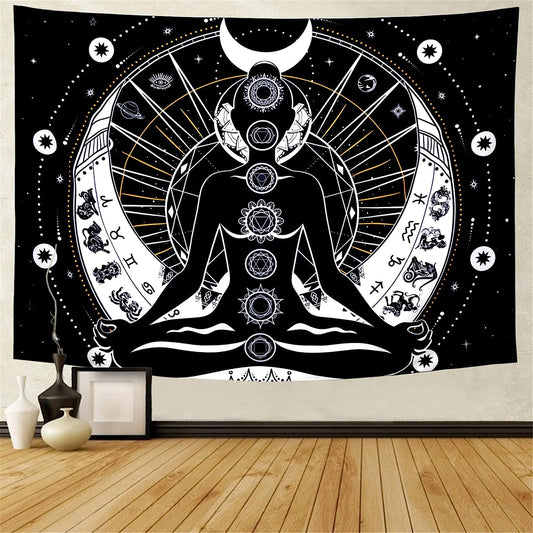 Chakra Tapestry Black and White Sun Moon Tapestry Psychedelic Meditation Yoga Tapestry Mystic Constellation and Stars Tapestry Wall Hanging for Living Room