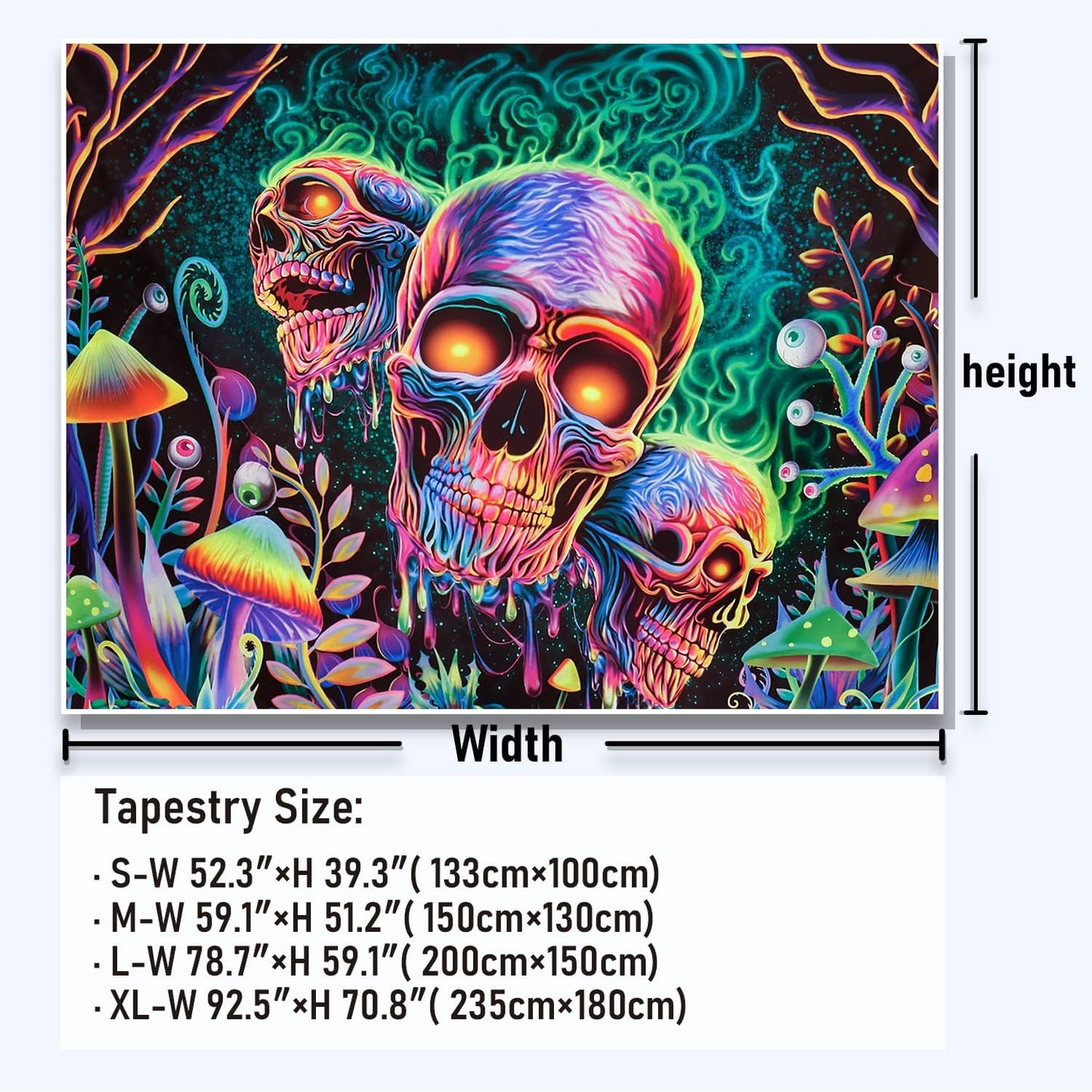 Blacklight Skull Tapestry Trippy Skeleton Wall Tapestry UV Reactive Neon Plants