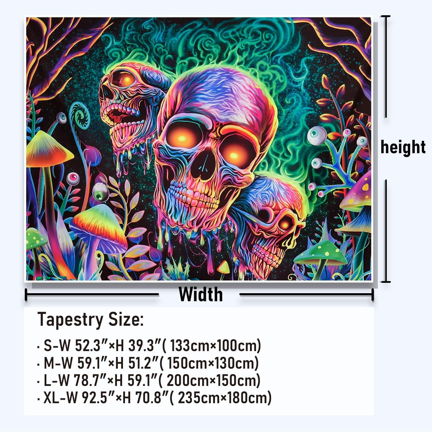 Blacklight Skull Tapestry Trippy Skeleton Wall Tapestry UV Reactive Neon Plants