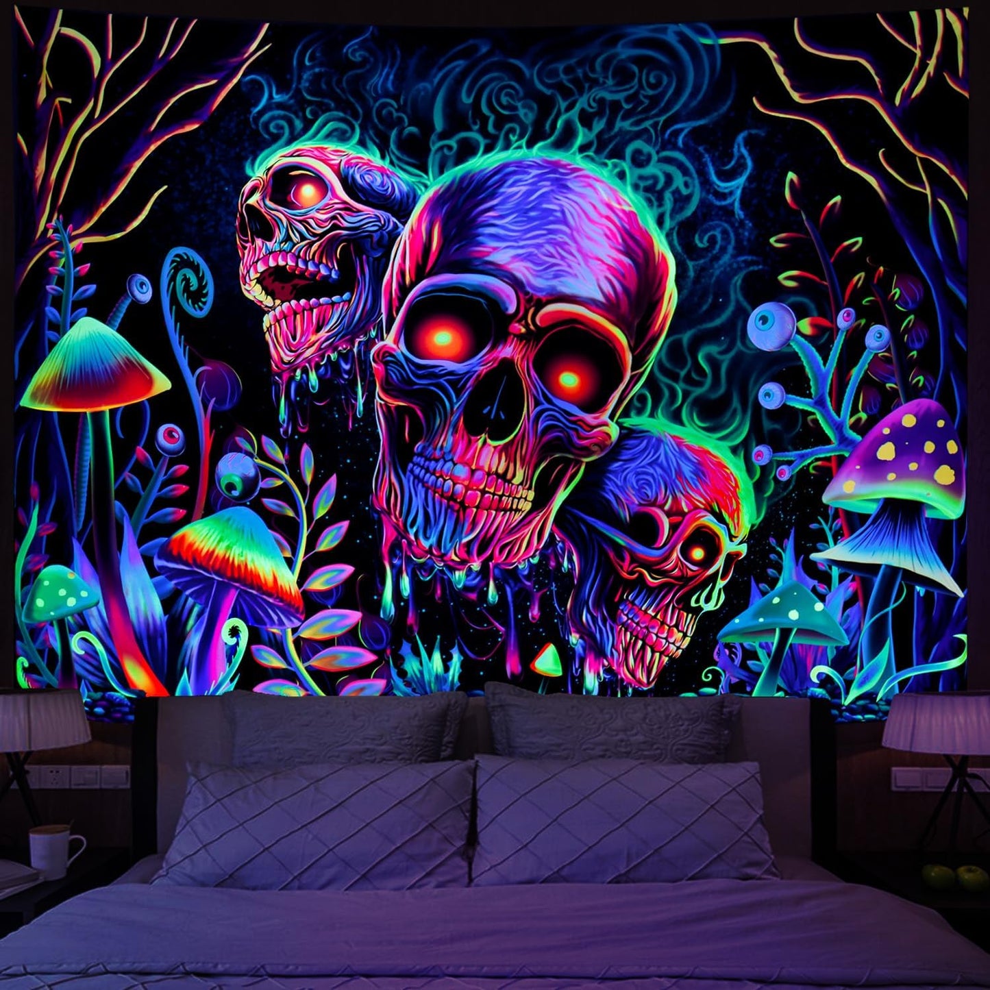 Blacklight Skull Tapestry Trippy Skeleton Wall Tapestry UV Reactive Neon Plants