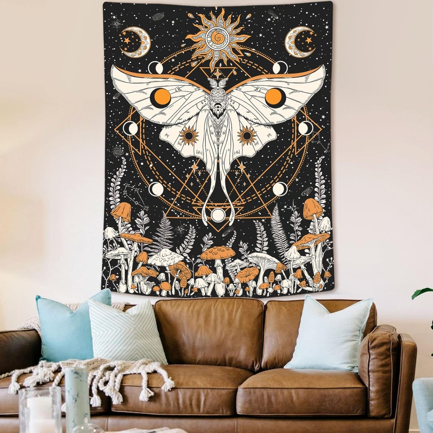 Mushroom Moth Tapestry Orange Sun and Moon Tapestries Bohemian Boho Floral Wall Art Flower Nature Plant Aesthetic Wall Tapestry for Bedroom Dorm Living Room (44'' × 60'')