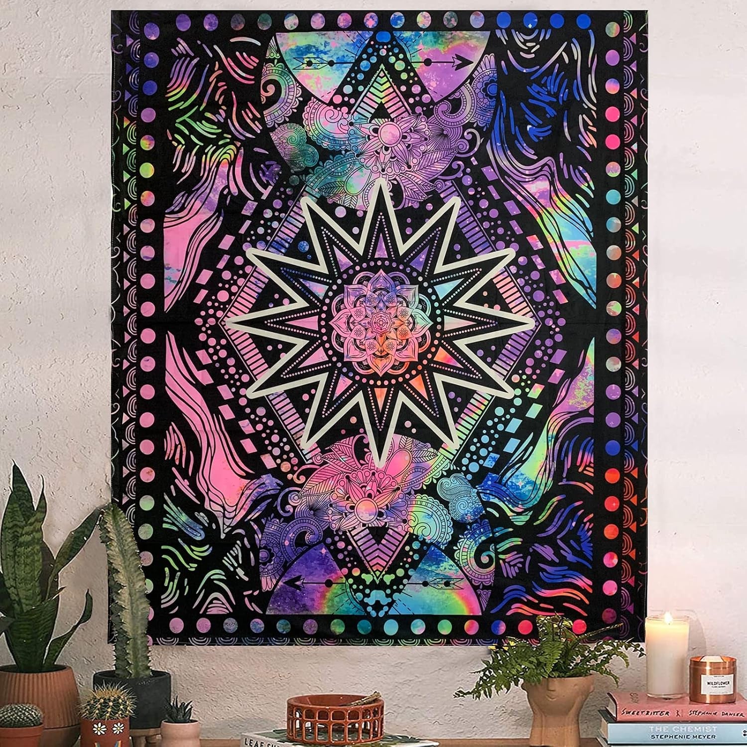 Hippie Mandala Tapestry Trippy Bohemian Tapestry Psychedelic Tapestry Wall Hanging Sun and Moon Tapestry Wall Decor Purple Blacklight Tapestry for Bedroom (50"X60")