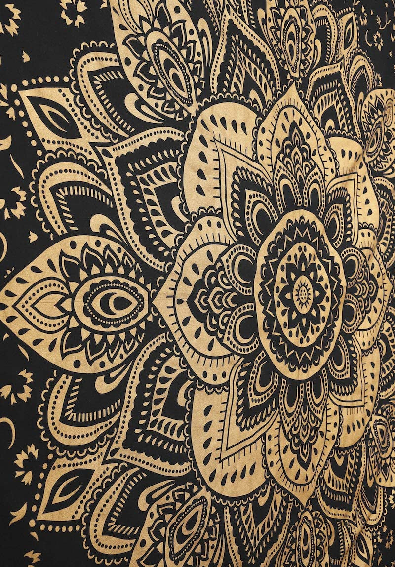 Mandala Tapestry Cotton | Indian Hippie Dorm Bohemian Psychedelic Peacock Mandala | Wall Hanging, Beach Throw, Bedsheet, Table Cover, Yoga Mat | Queen (Black-Gold, 84 X 90 Inch)