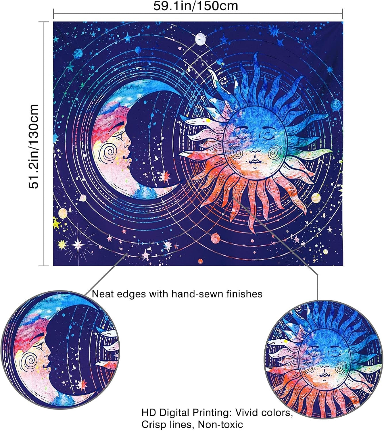 Sun and Moon Tapestry Blue Tapestry Constellation Astrology Tapestry Psychedelic Mystic Tapestry Wall Hanging Nature Home Decorations for Bedroom Dorm Room (51.2X59.1 Inches,130X150 Cm)