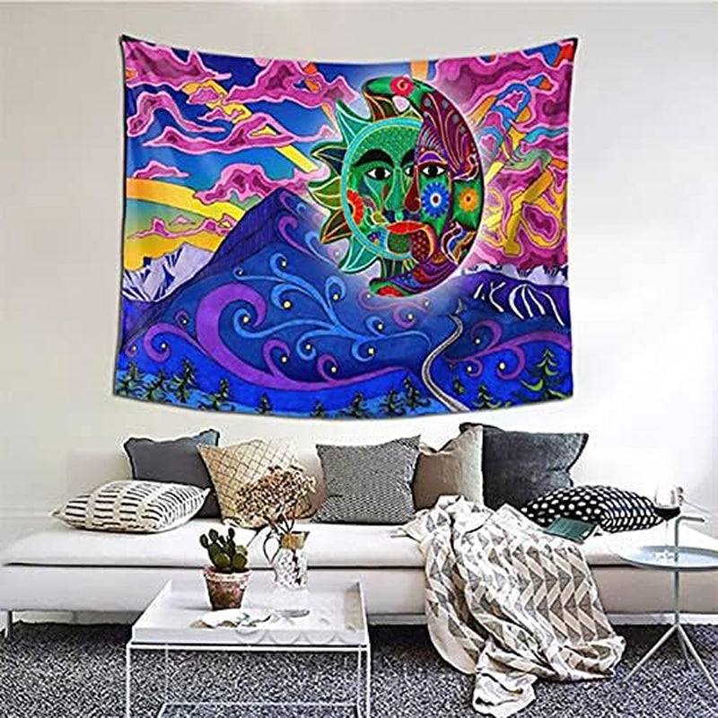 Purple Wall Hanging Tapestry Aesthetic for Bedroom Decor Indie Tapestry Sun and Moon Trippy Tapestry for Room Decor Mountain Cloud Sunrise Small Tapesty 59X51 Inch, 59 X 51 In