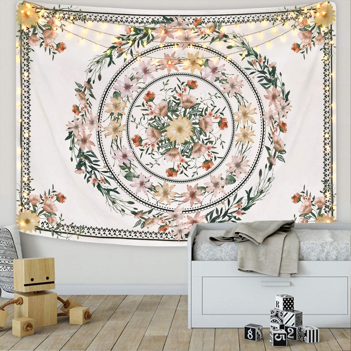 Mandala Tapestry Floral Medallion Tapestry Sketched Flower Plant Tapestry Bohemian Hippie Tapestry for Room (51.2 X 59.1 Inches)